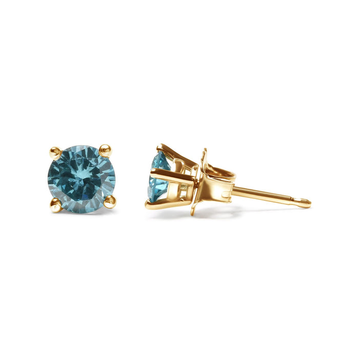 Aretes de botón clásicos de 4 garras con cierre de rosca y diamantes azul aqua tratados de 1/2 ct. p.t. en oro de 14K, foto 7