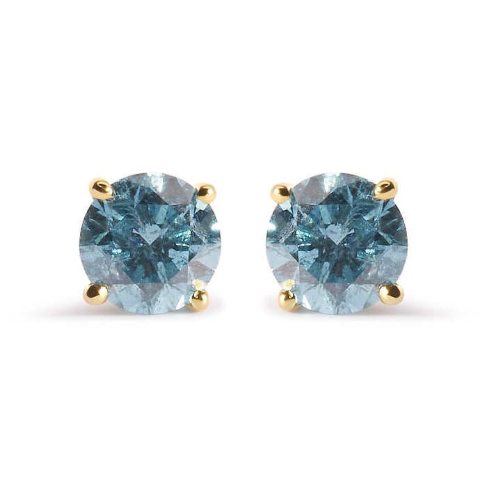 Aretes de botón solitario clásicos con diamantes azul agua tratados de 1 ct. p.t. en oro amarillo de 14K, foto 1