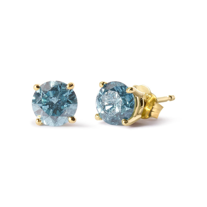 Aretes de botón solitario clásicos con diamantes azul agua tratados de 1 ct. p.t. en oro amarillo de 14K, foto 2