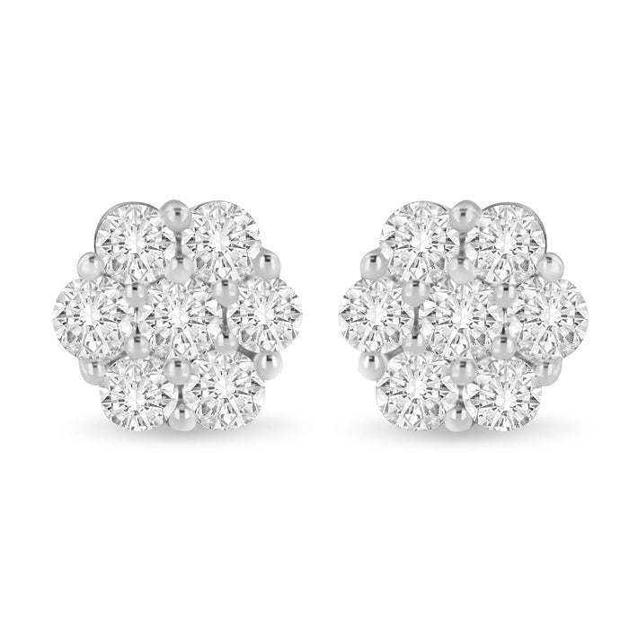 Aretes de botón de racimo floral con cierre de rosca y diamantes talla redonda de 3 ct. p.t. en oro blanco de 14K, color I-J, claridad SI1-SI2, foto 1