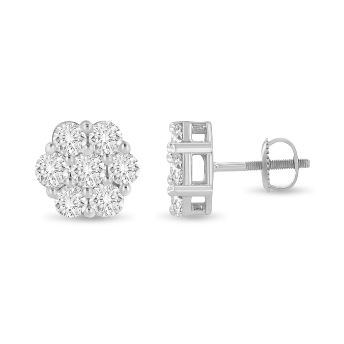 Aretes de botón de racimo floral con cierre de rosca y diamantes talla redonda de 3 ct. p.t. en oro blanco de 14K, color I-J, claridad SI1-SI2, foto 2