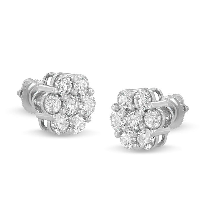 Aretes de botón de racimo floral con cierre de rosca y diamantes talla redonda de 3 ct. p.t. en oro blanco de 14K, color I-J, claridad SI1-SI2, foto 4