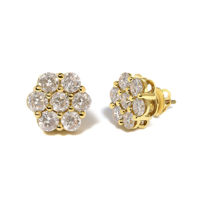 Aretes de botón de racimo floral con diamantes redondos de 3 ct. p.t. en oro amarillo de 14K, foto 2