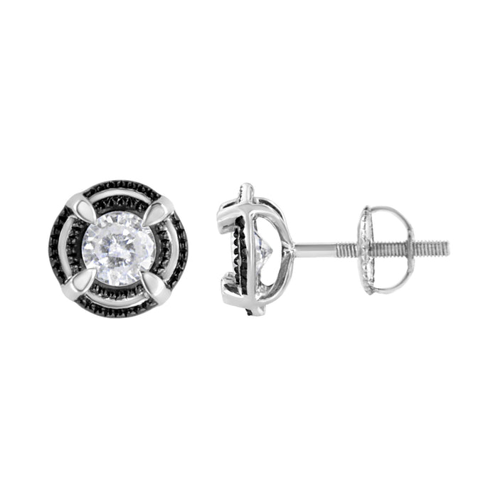 Aretes de botón solitarios milgrain de doble halo y 4 garras con diamantes redondos en plata de ley bañada en rodio negro, foto 9