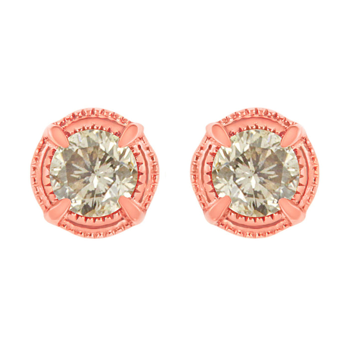 Round Brilliant-Cut Diamond Solitaire Milgrain Stud Earrings in Sterling Silver, photo 2