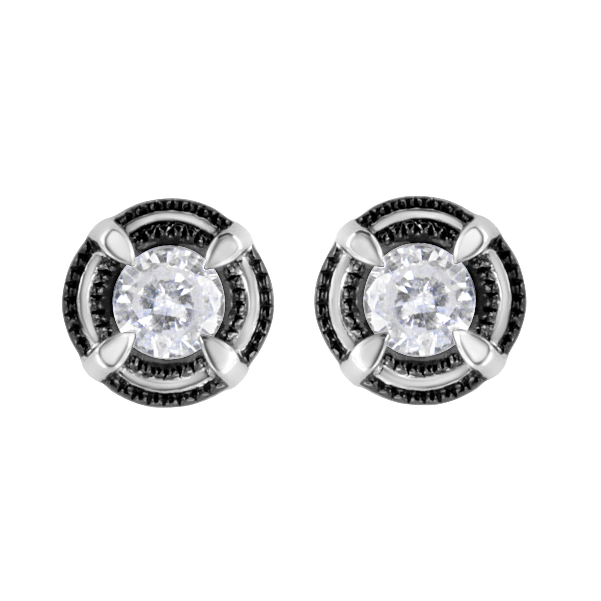 Aretes de botón solitarios milgrain de doble halo y 4 garras con diamantes redondos en plata de ley bañada en rodio negro, foto 1