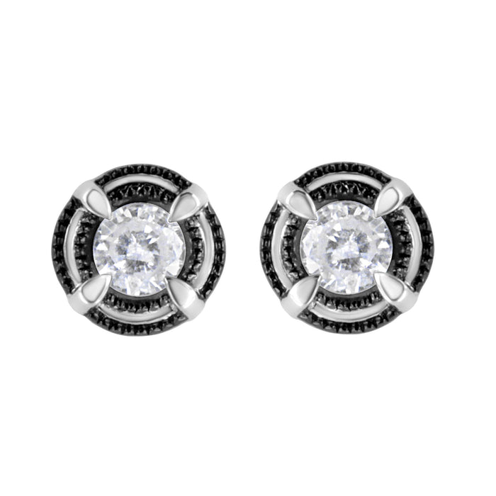 Aretes de botón solitarios milgrain de doble halo y 4 garras con diamantes redondos en plata de ley bañada en rodio negro, foto 1