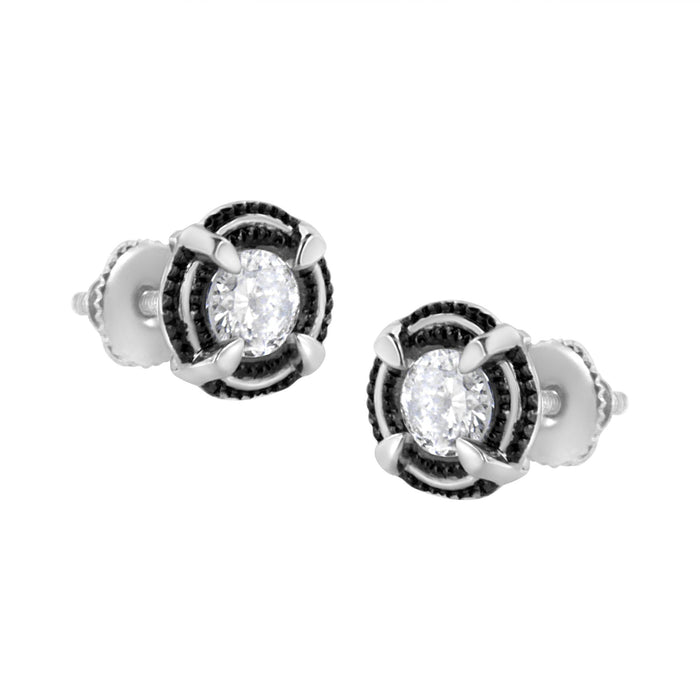 Aretes de botón solitarios milgrain de doble halo y 4 garras con diamantes redondos en plata de ley bañada en rodio negro, foto 3