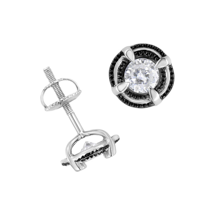 Aretes de botón solitarios milgrain de doble halo y 4 garras con diamantes redondos en plata de ley bañada en rodio negro, foto 10