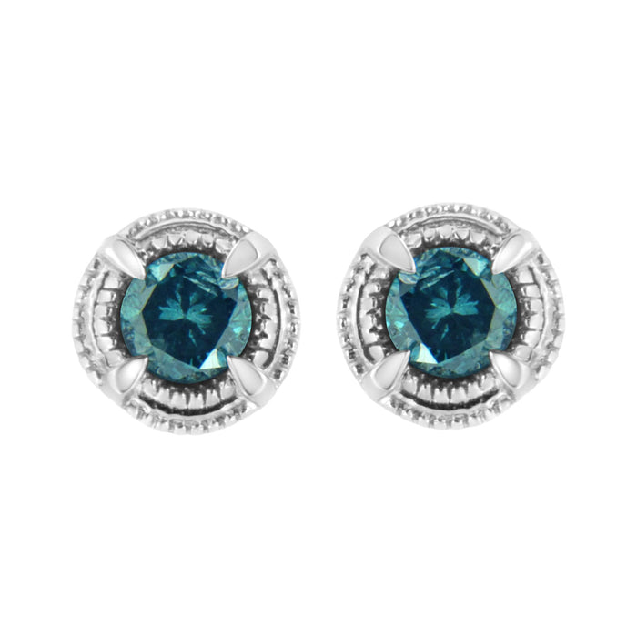 Aretes de botón solitarios milgrain modernos de 4 garras con diamantes de color tratados en plata de ley, foto 10