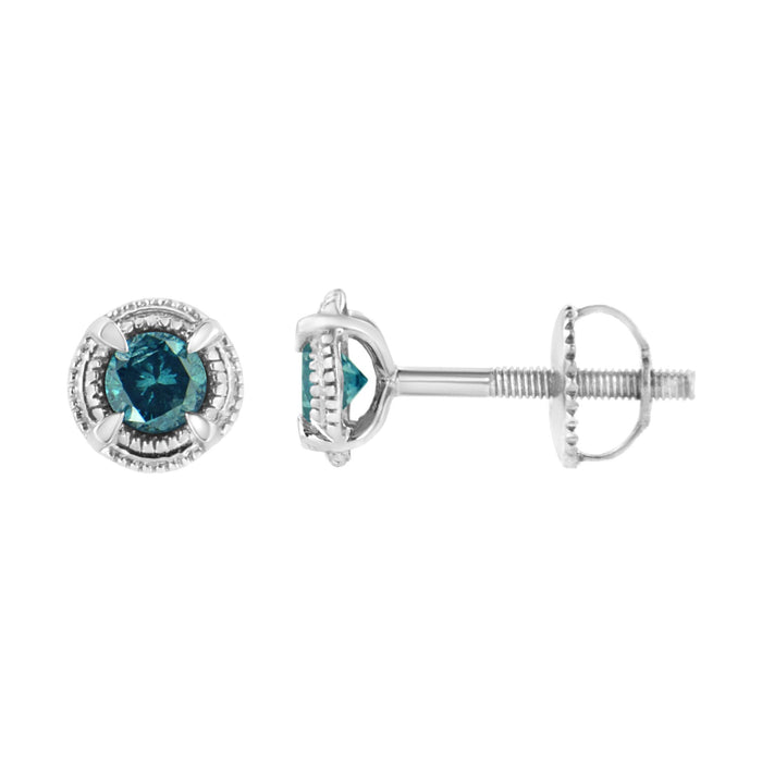 Aretes de botón solitarios milgrain modernos de 4 garras con diamantes de color tratados en plata de ley, foto 14