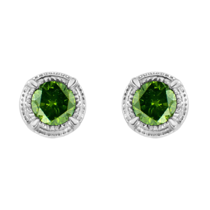 Aretes de botón solitarios milgrain modernos de 4 garras con diamantes de color tratados en plata de ley, foto 5