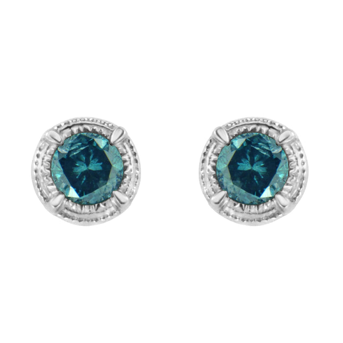 Aretes de botón solitarios milgrain modernos de 4 garras con diamantes de color tratados en plata de ley, foto 3