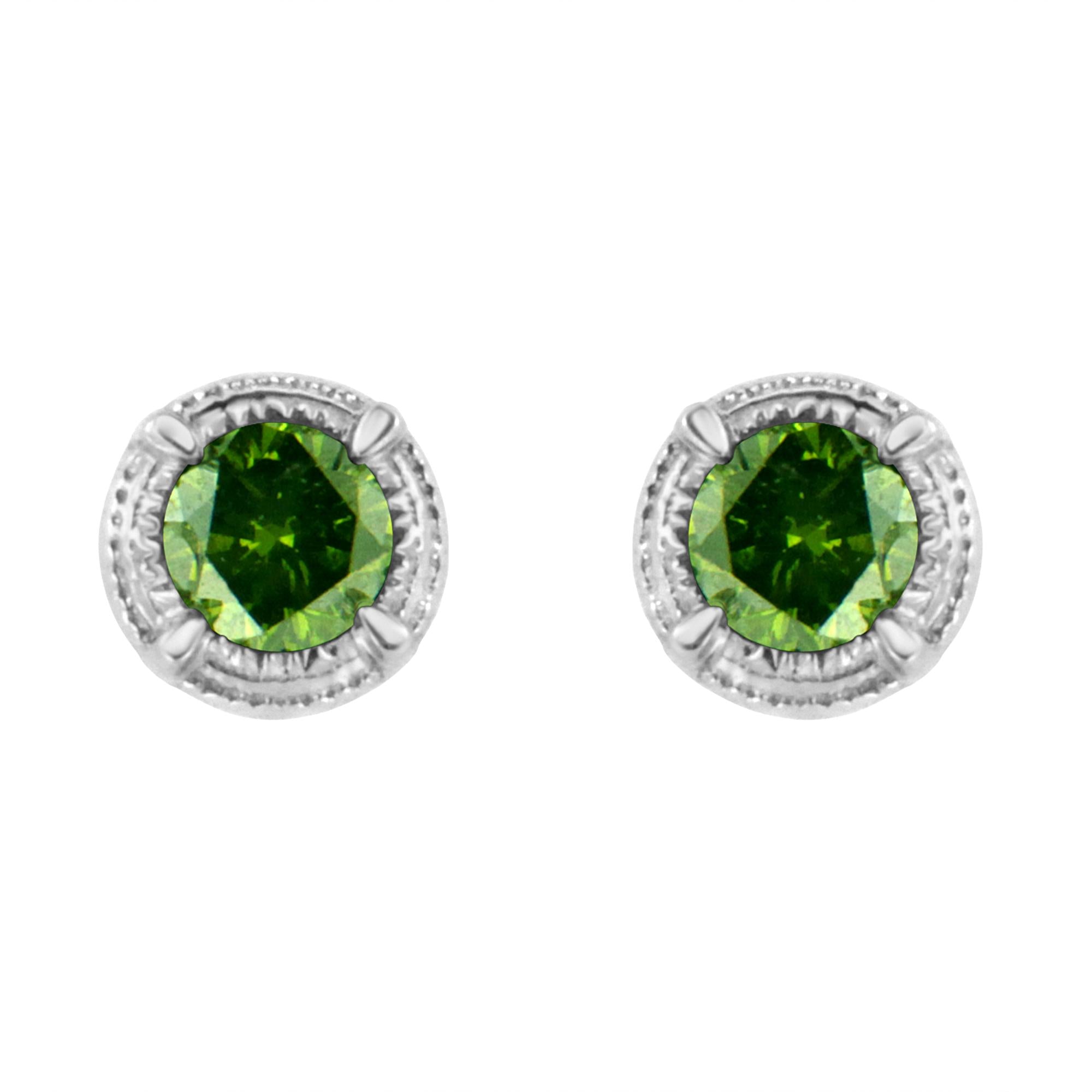 Aretes de botón solitarios milgrain modernos de 4 garras con diamantes de color tratados en plata de ley, foto 2