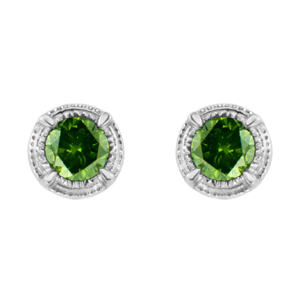 Aretes de botón solitarios milgrain modernos de 4 garras con diamantes de color tratados en plata de ley, foto 2