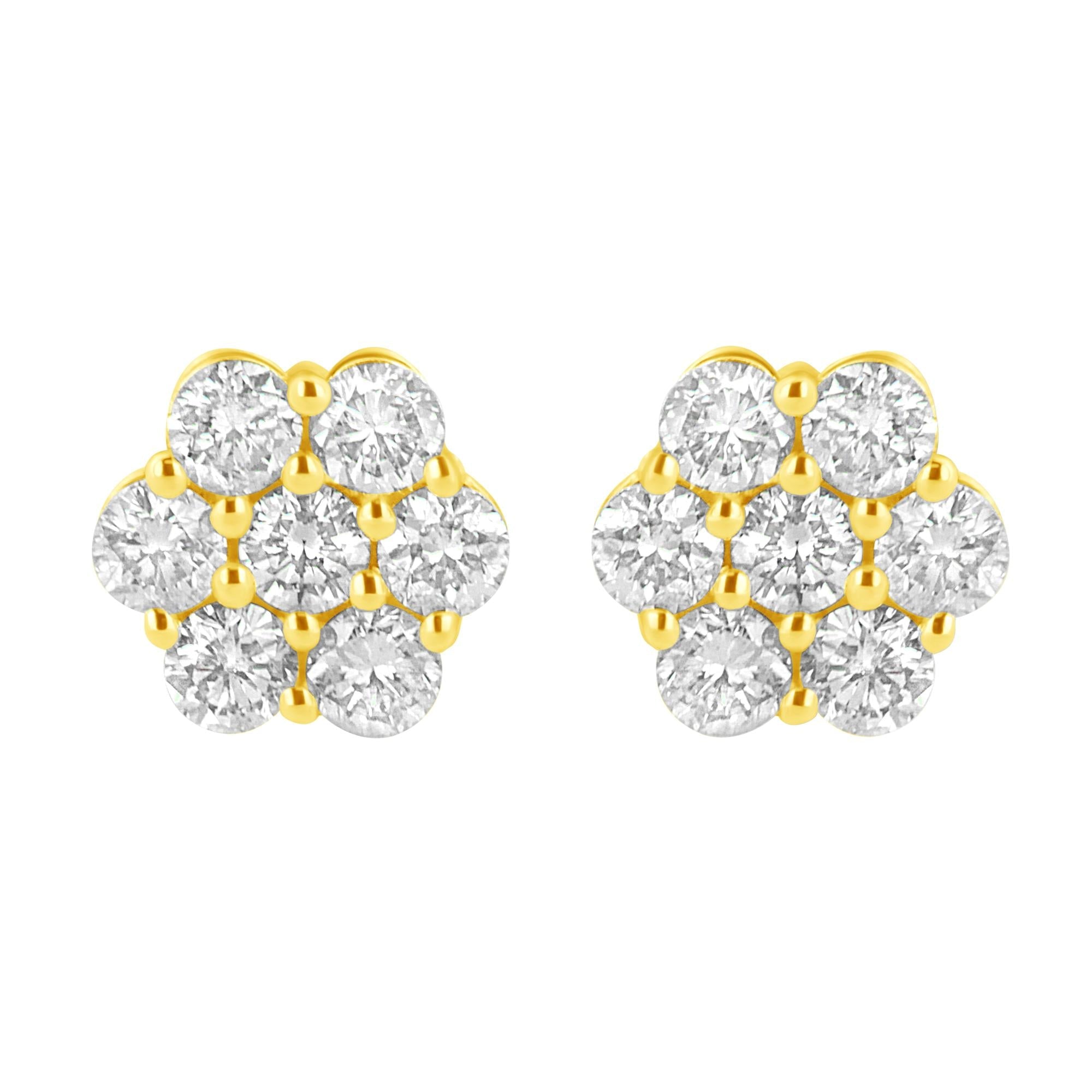 Aretes de flor con diamantes de 1 ct. p.t. en oro amarillo de 14K, foto 1