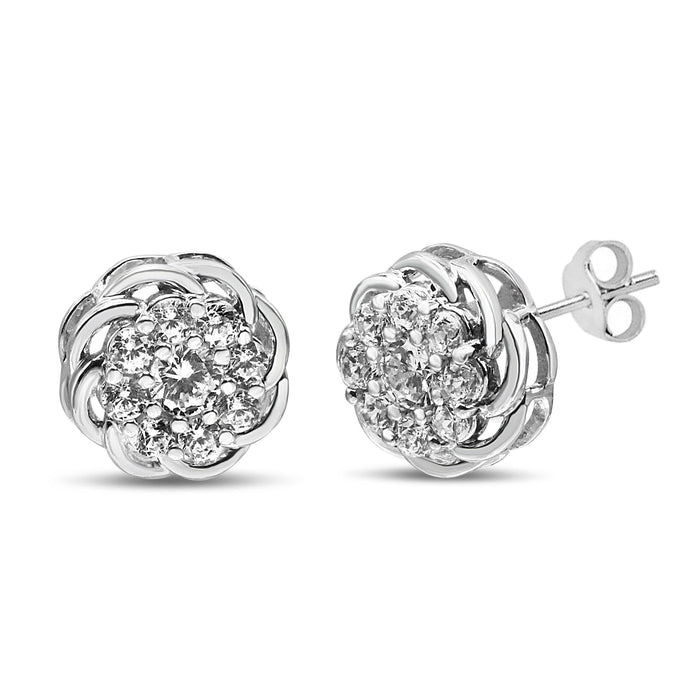Aretes de botón de racimo calados con halo floral y diamantes redondos de 1/2 ct. p.t. en plata de ley, foto 2