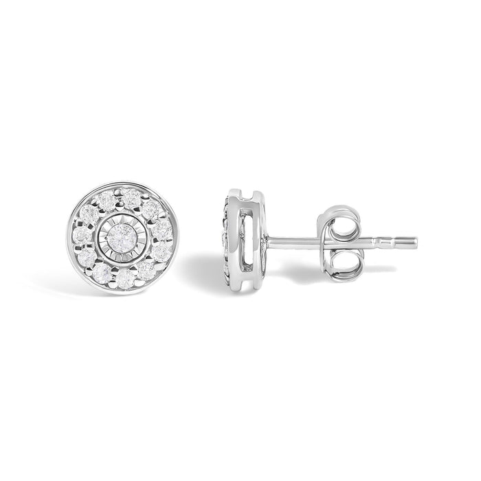 Aretes de botón solitario Miracle-Set con halo y diamantes de 1/4 ct. p.t. en plata de ley, foto 4