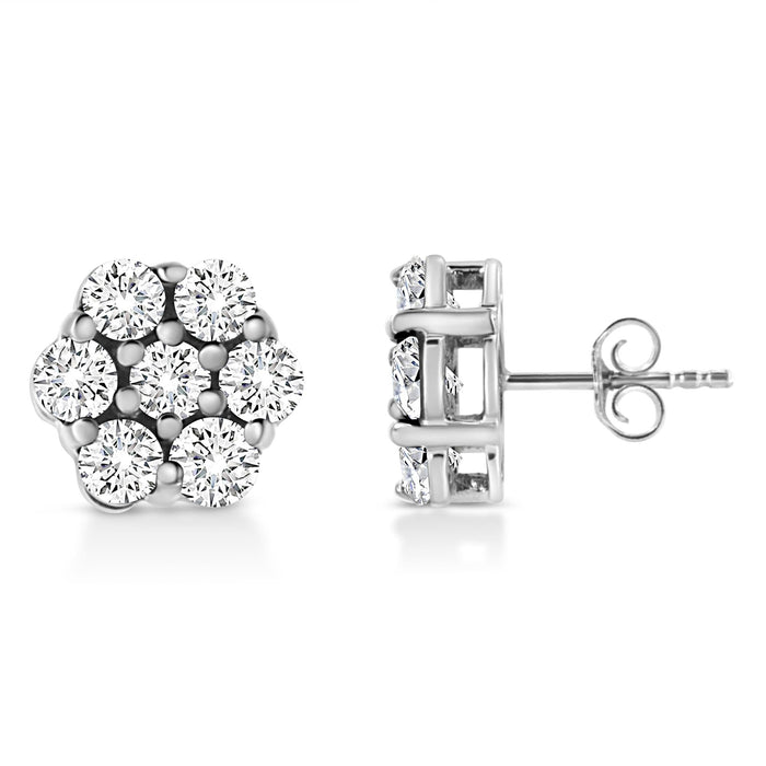 Aretes de botón de flor de garras con diamantes redondos de 1/2 ct. p.t. en oro blanco de 14K, foto 2