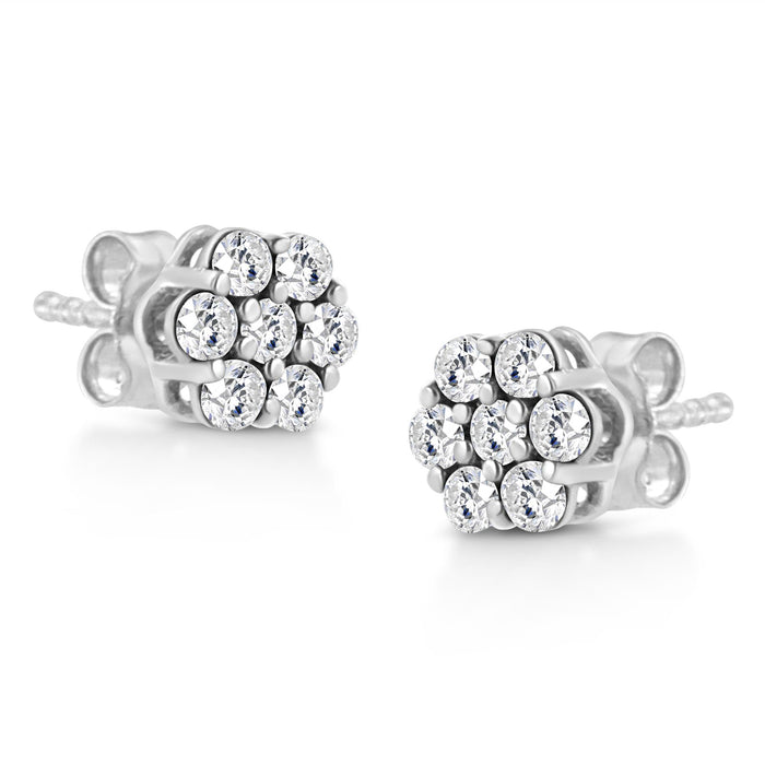 Aretes de botón de flor de garras con diamantes redondos de 1/2 ct. p.t. en oro blanco de 14K, foto 4