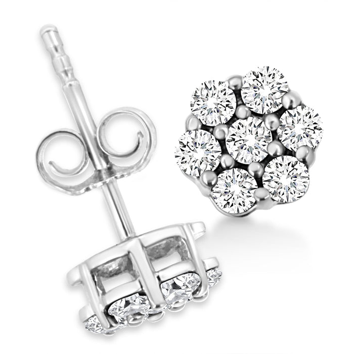 Aretes de botón de flor de garras con diamantes redondos de 1/2 ct. p.t. en oro blanco de 14K, foto 5