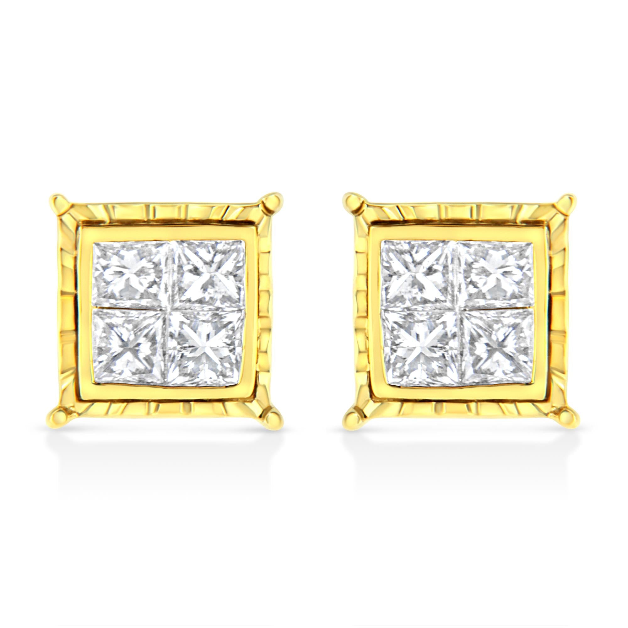 Princess-Cut Diamond Square Stud Earrings in 14K Yellow Gold, photo 2