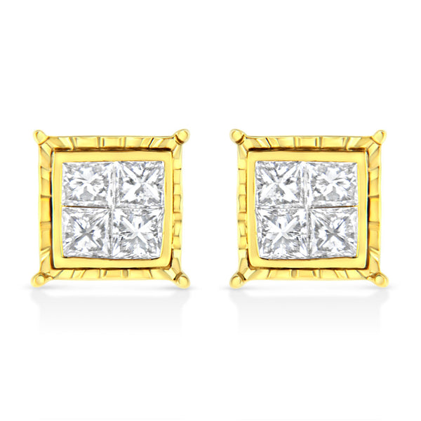 Aretes de botón cuadrados con diamantes talla princesa en oro amarillo de 14K, foto 2