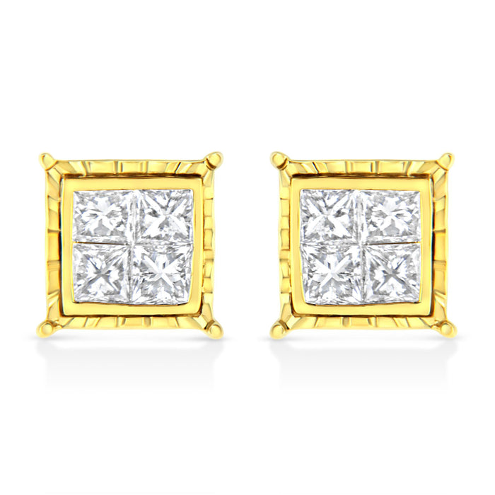 Princess-Cut Diamond Square Stud Earrings in 14K Yellow Gold, photo 2