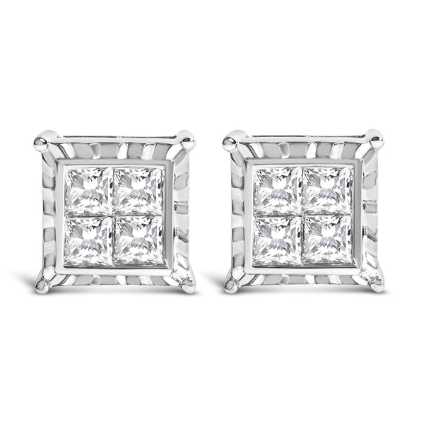 Aretes de botón cuádruples ondulados de engaste invisible con diamantes de 1 1/2 ct. p.t. en oro blanco de 14K, foto 1