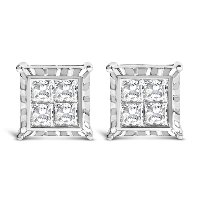 Aretes de botón cuádruples ondulados de engaste invisible con diamantes de 1 1/2 ct. p.t. en oro blanco de 14K, foto 1