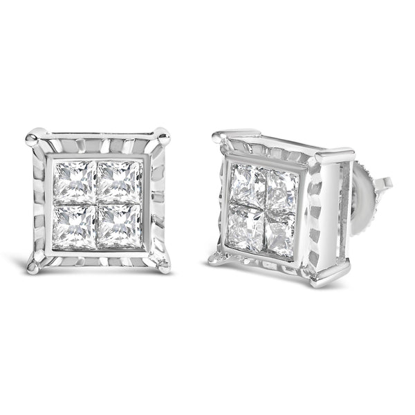 Aretes de botón cuádruples ondulados de engaste invisible con diamantes de 1 1/2 ct. p.t. en oro blanco de 14K, foto 2
