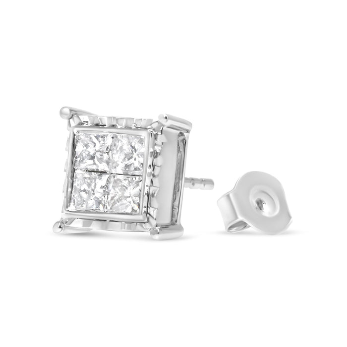 Aretes de botón cuádruples ondulados de engaste invisible con diamantes de 1 1/2 ct. p.t. en oro blanco de 14K, foto 5