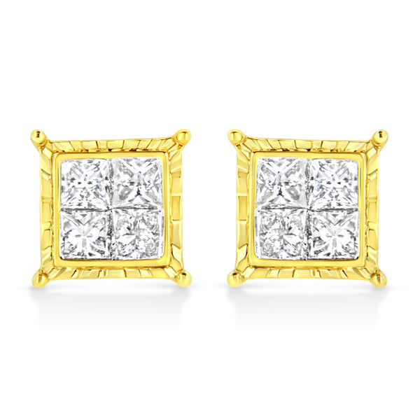 Aretes de botón cuadrados con diamantes talla princesa en oro amarillo de 14K, foto 1