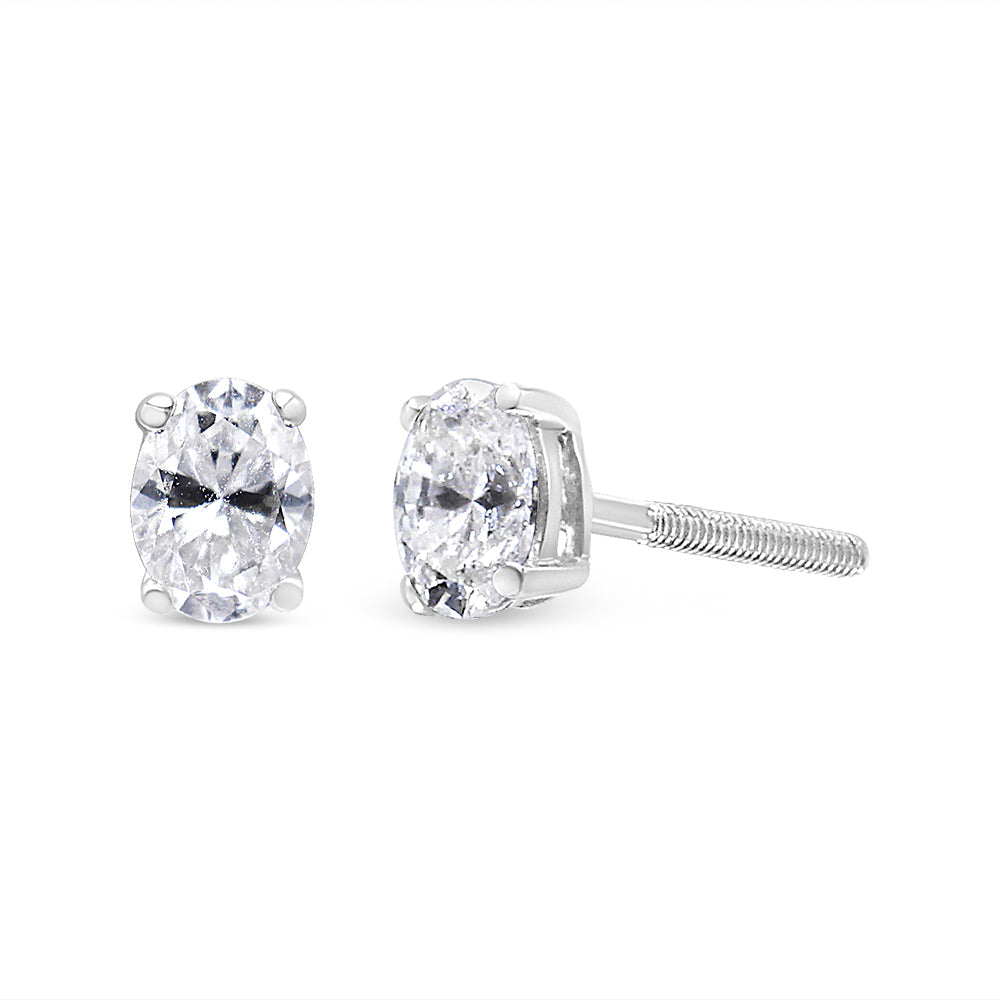 Aretes de botón solitarios con diamantes ovalados cultivados en laboratorio en oro blanco de 14K, foto 1
