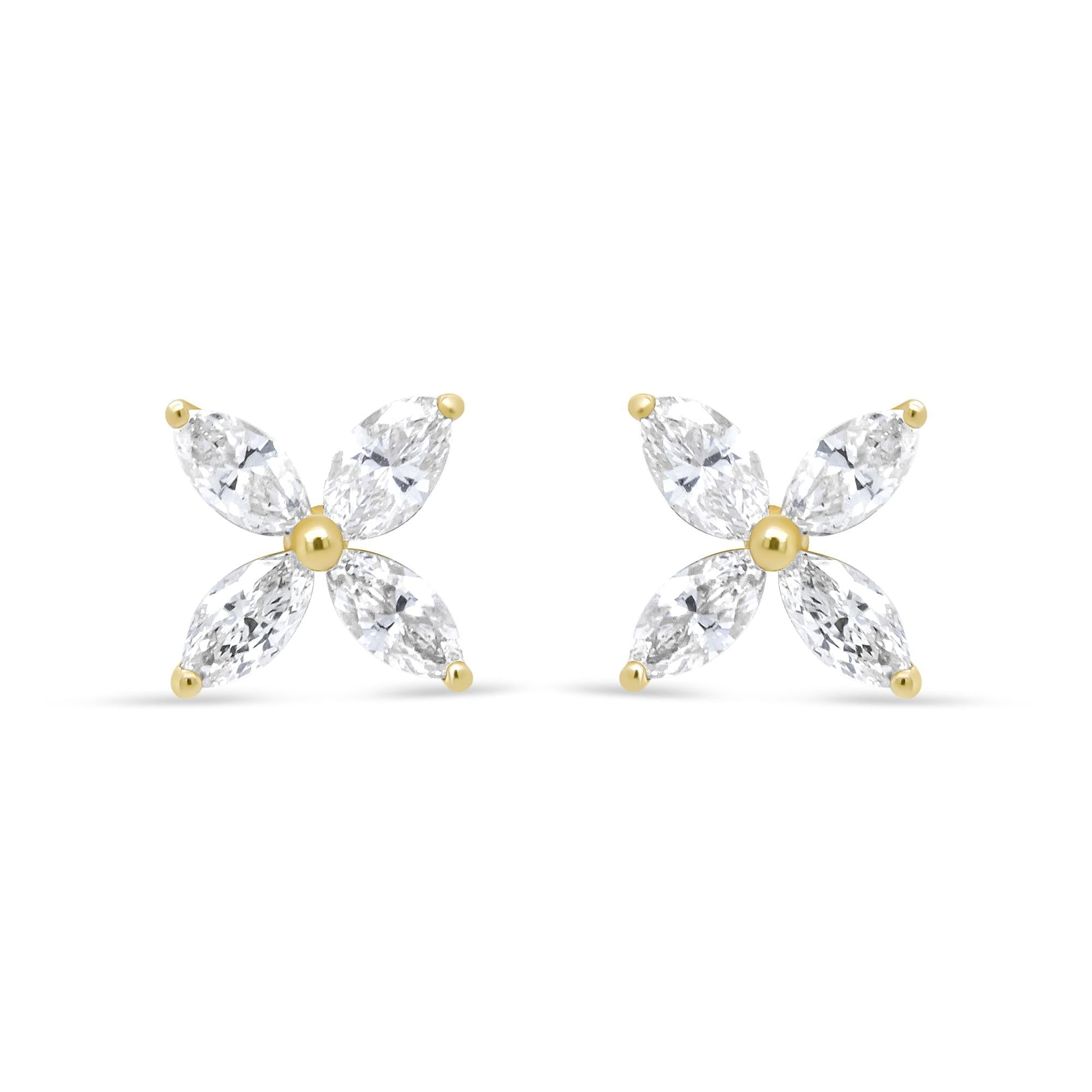 Aretes de botón de hoja floral de 8 piedras con diamantes talla marquesa en oro de 14K, foto 1