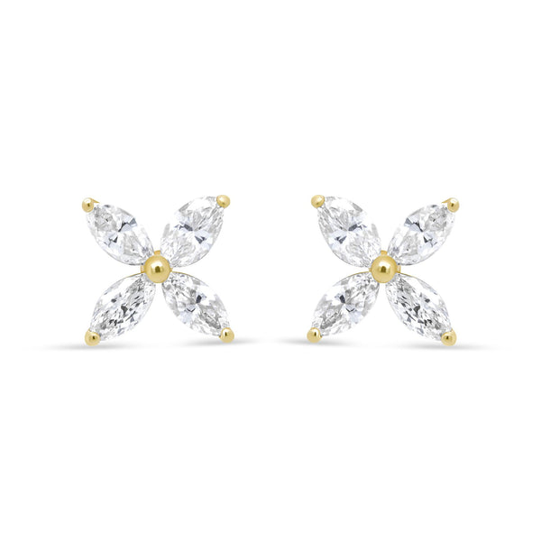 Marquise Diamond 8 Stone Floral Leaf Stud Earrings in 14K Gold, photo 1