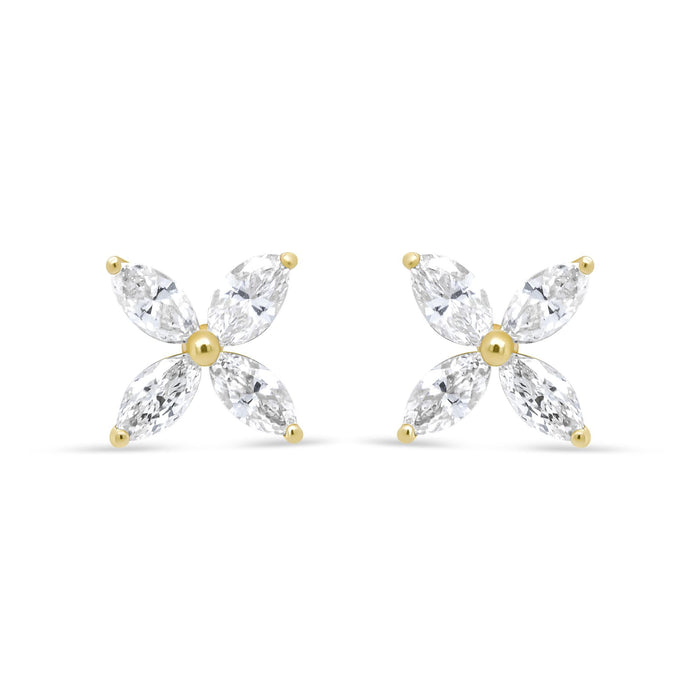 Aretes de botón de hoja floral de 8 piedras con diamantes talla marquesa en oro de 14K, foto 1