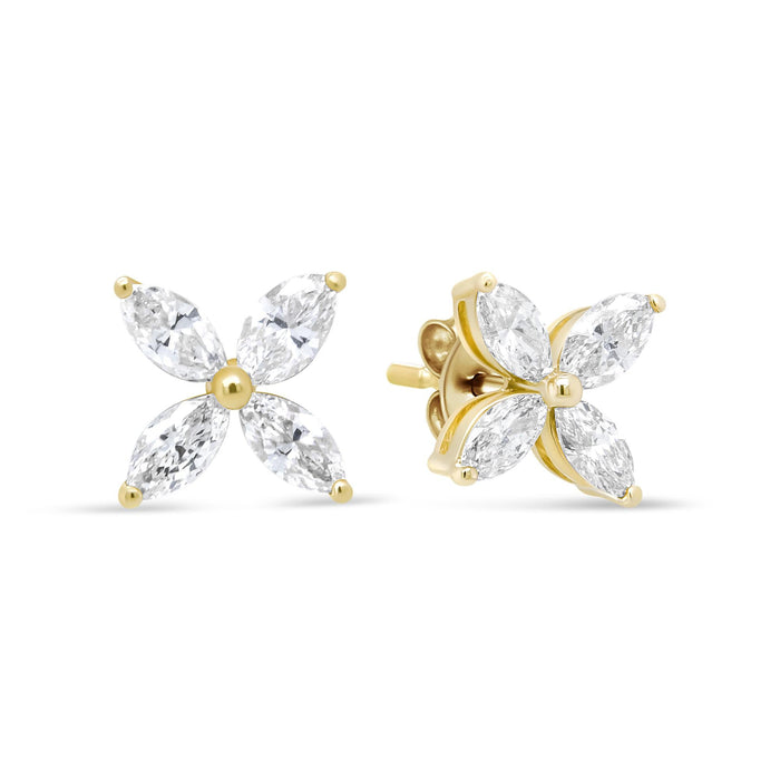 Aretes de botón de hoja floral de 8 piedras con diamantes talla marquesa en oro de 14K, foto 4