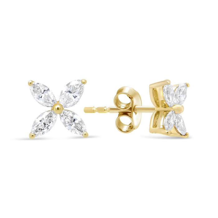 Aretes de botón de hoja floral de 8 piedras con diamantes talla marquesa en oro de 14K, foto 10