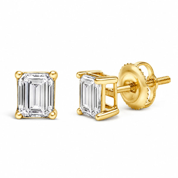 Emerald-Cut Lab-Grown Diamond Solitaire Stud Earrings with Screw Backs in 14K Gold, photo 1