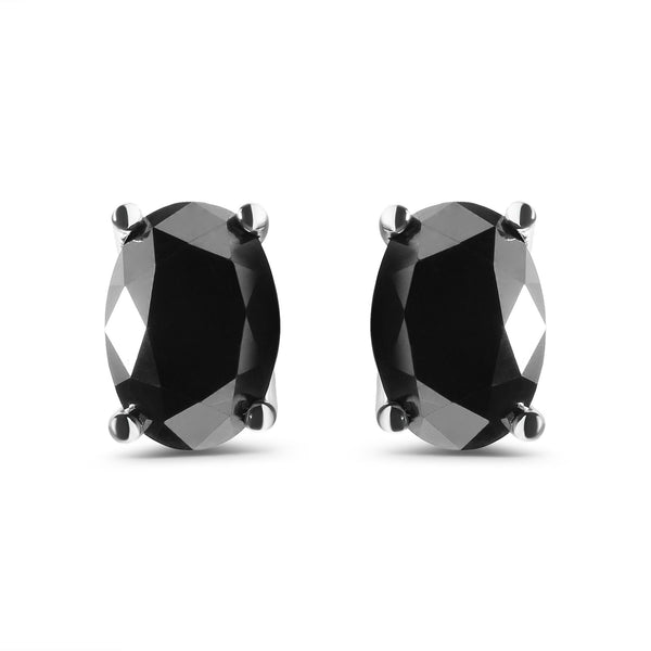 Aretes de botón solitario con diamantes negros tratados talla ovalada de 3 ct. p.t. en oro blanco de 14K, foto 1