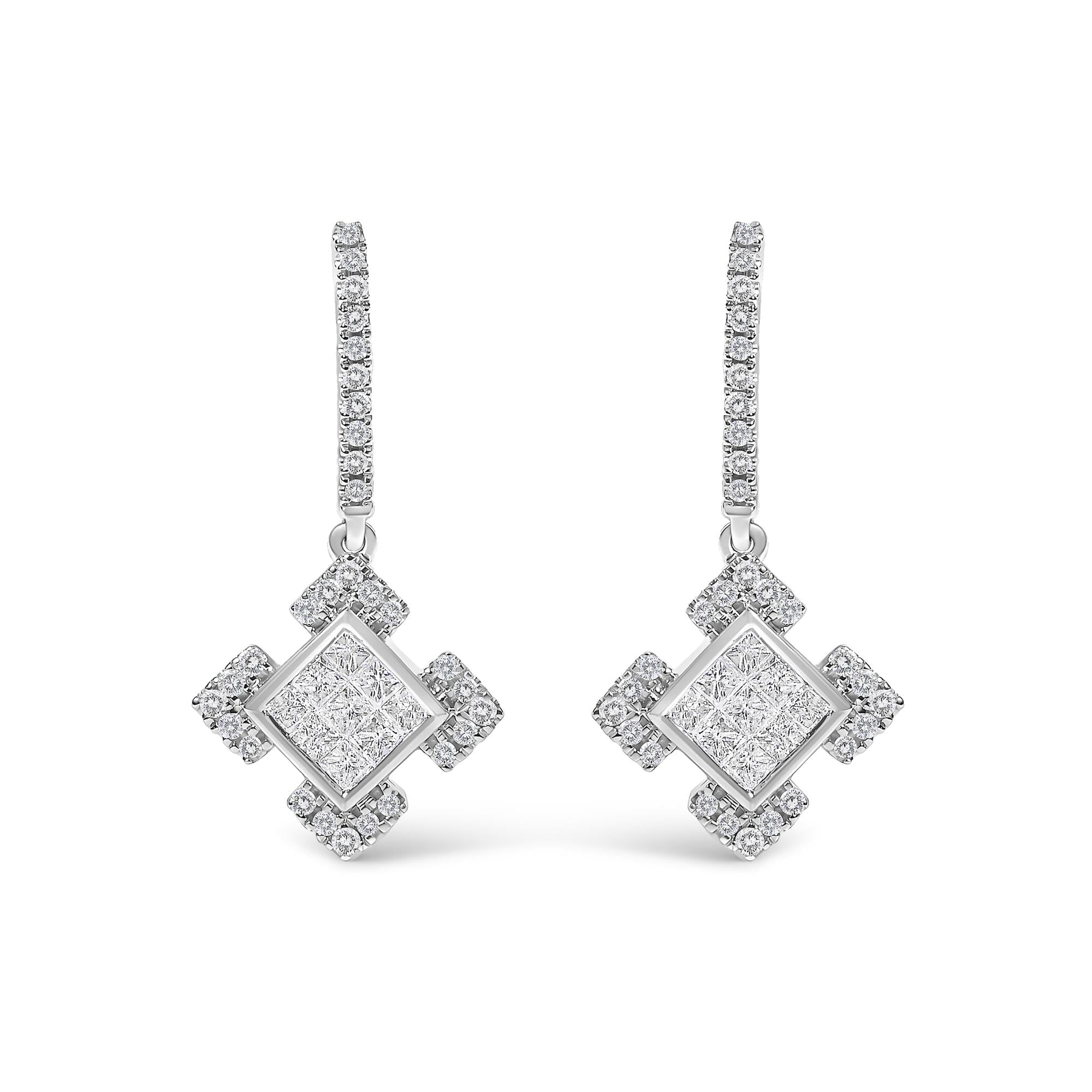 Princess and Round Diamond Geometric Composite Dangle Earrings in 10K White Gold, photo 1