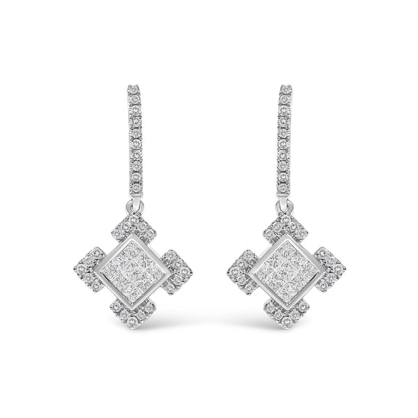 Princess and Round Diamond Geometric Composite Dangle Earrings in 10K White Gold, photo 1