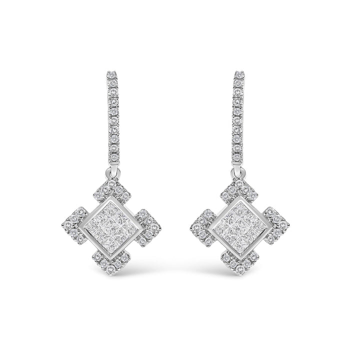 Princess and Round Diamond Geometric Composite Dangle Earrings in 10K White Gold, photo 1
