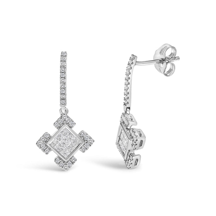 Princess and Round Diamond Geometric Composite Dangle Earrings in 10K White Gold, photo 2