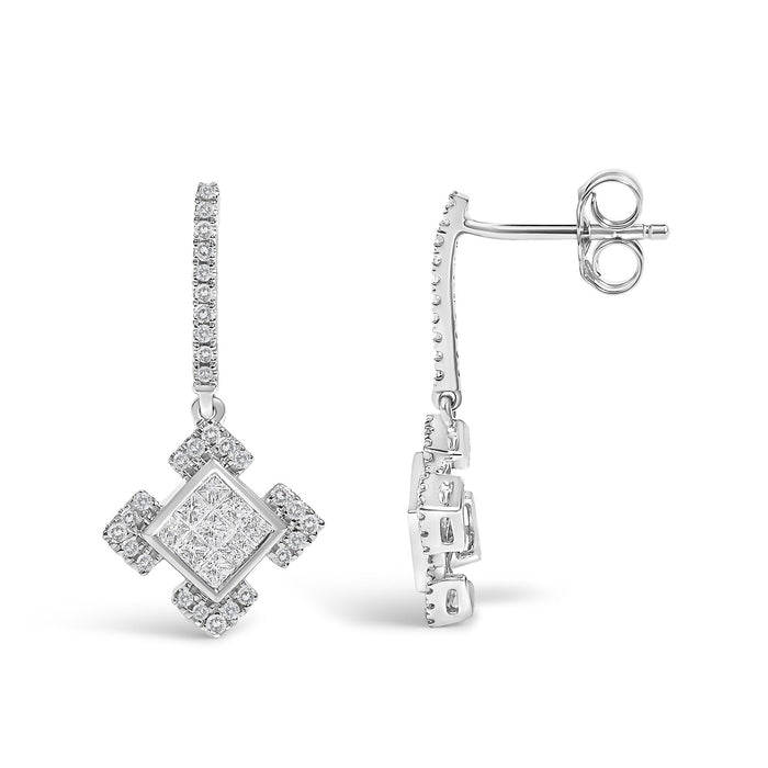 Princess and Round Diamond Geometric Composite Dangle Earrings in 10K White Gold, photo 4