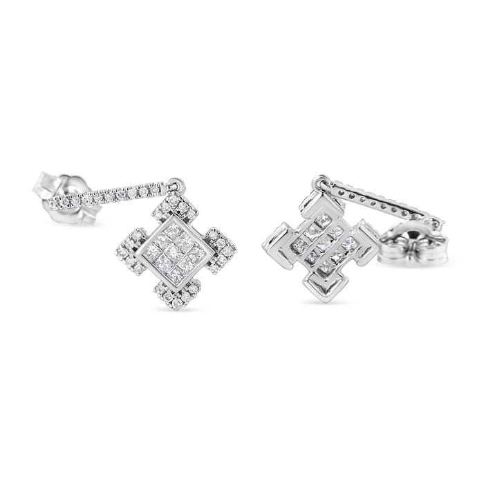 Princess and Round Diamond Geometric Composite Dangle Earrings in 10K White Gold, photo 5