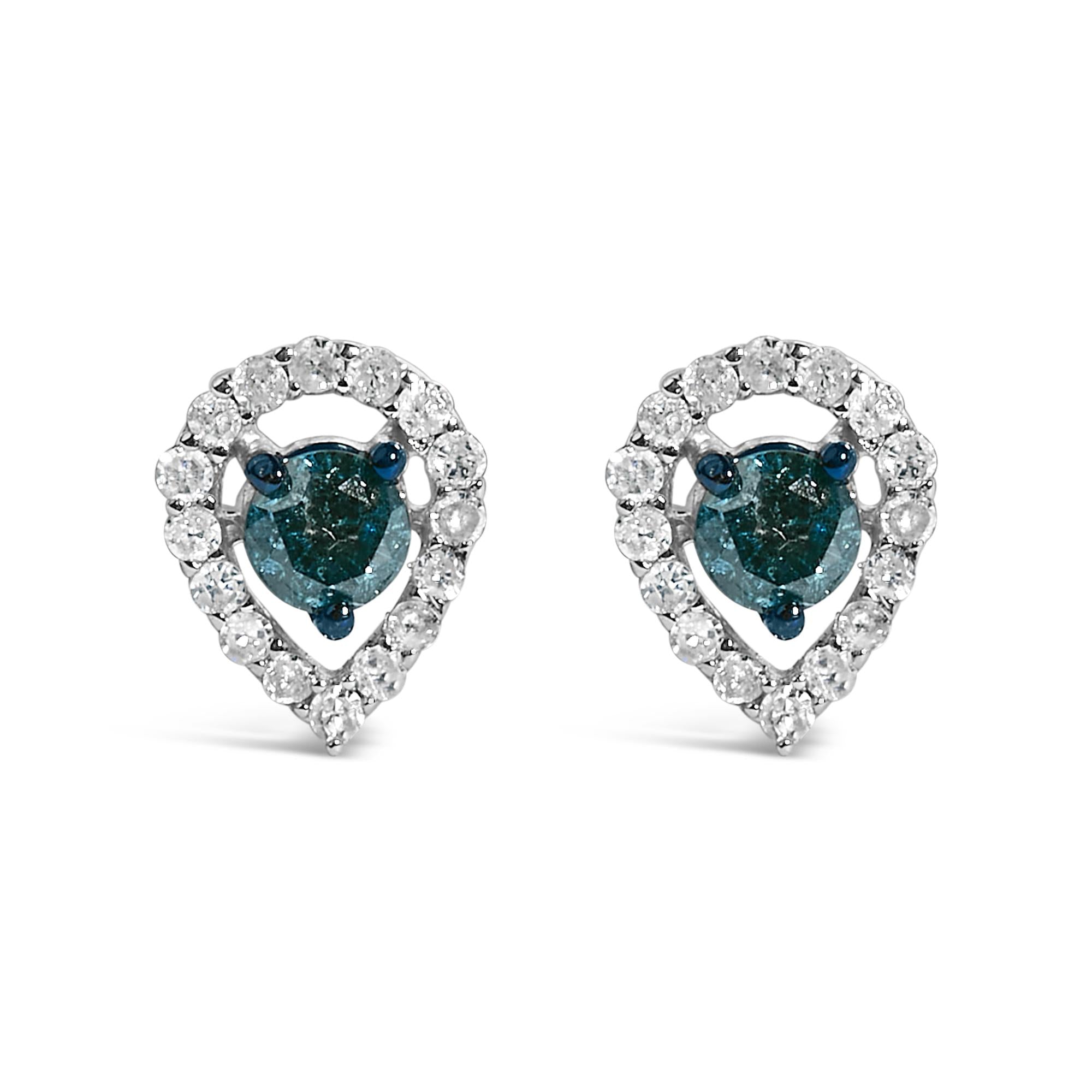 Aretes de botón de halo en forma de pera con diamantes azules y blancos de 1/2 ct. p.t. en plata de ley, foto 1