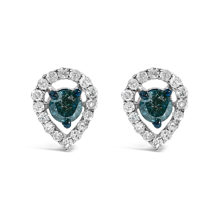 Aretes de botón de halo en forma de pera con diamantes azules y blancos de 1/2 ct. p.t. en plata de ley, foto 1
