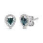 Aretes de botón de halo en forma de pera con diamantes azules y blancos de 1/2 ct. p.t. en plata de ley, foto 2